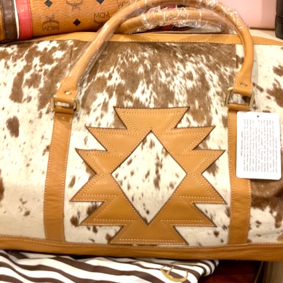 Boho Luxe Handbags - Boho Luxe Duffle Weekender Leather Cowhide Travel Black, Tan and Brown and White